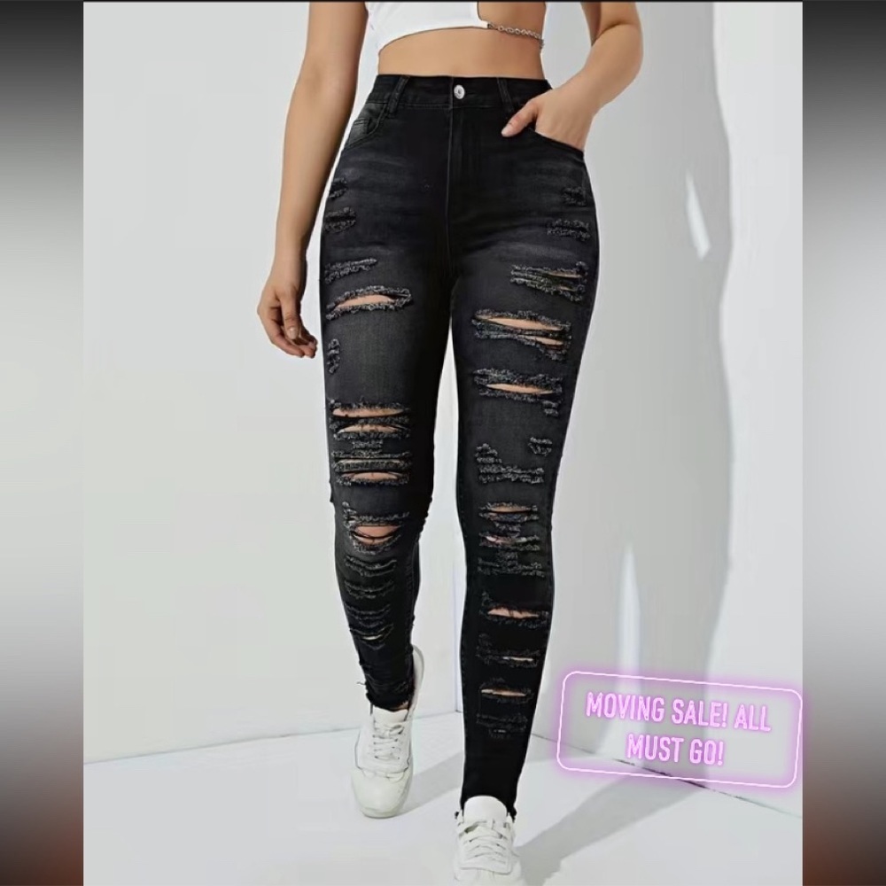 Black Ripped Skinny Jeans. Distressed, Slim Fit High Rise Denim Pants